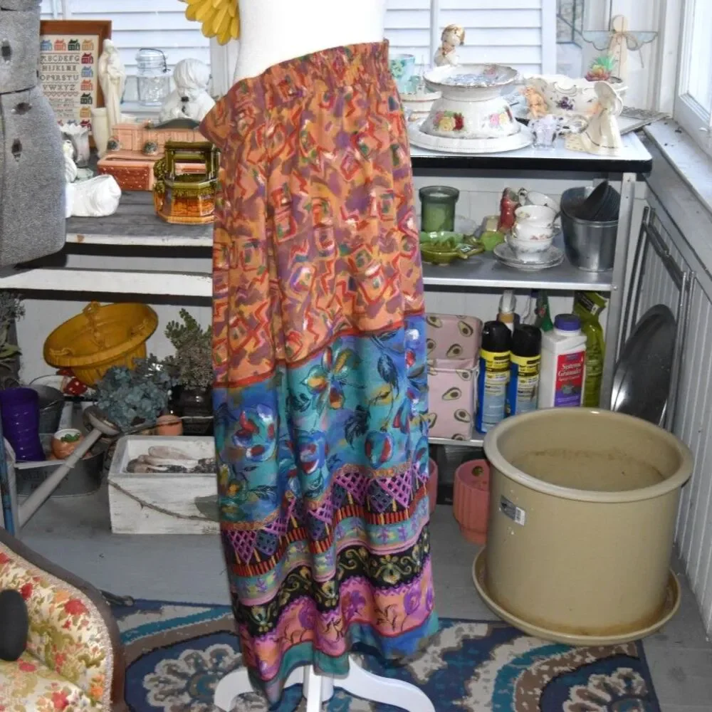 Vintage 90s Casual Corner Boho Scarf Print Midi Skirt High Waist Colorful Large